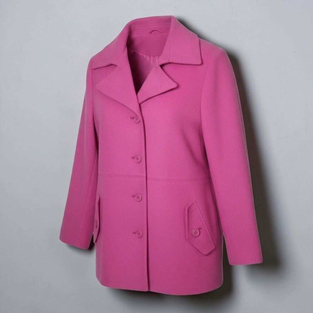 Giacca Wool Blend Peacoat Womens Large Hot Pink Belt Button Pockets Barbiecore